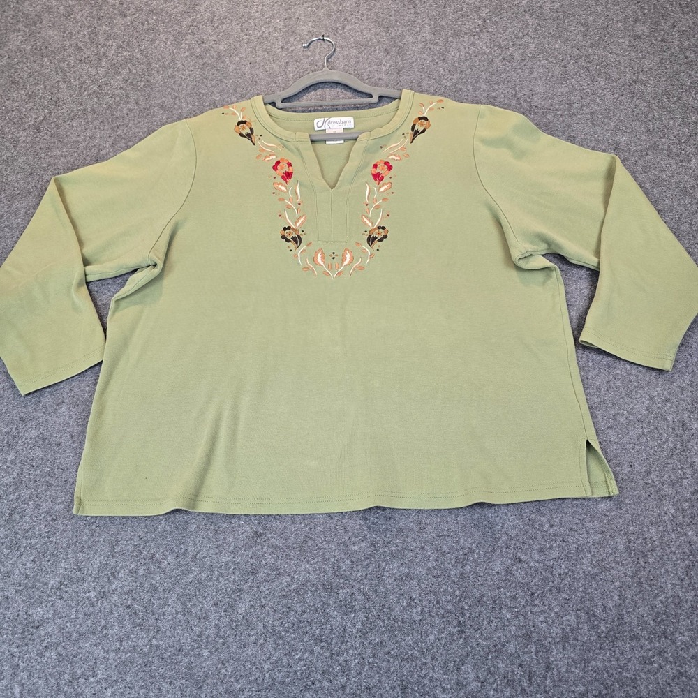 Dressbarn Top Womens 1X Green Cotton Floral Embroidered Side Slit Split V Neck